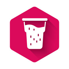 White Glass of beer icon isolated with long shadow background. Pink hexagon button. Vector