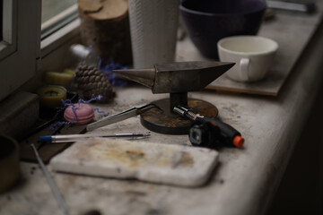Still life of goldsmith's tools. realistic photograph of a jeweler's workplace