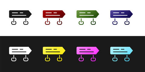 Set Road traffic sign. Signpost icon isolated on black and white background. Pointer symbol. Isolated street information sign. Direction sign. Vector