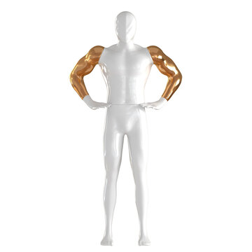 White male mannequin with stripes on the face and with golden hands on an isolated background. Front view. 3d rendering