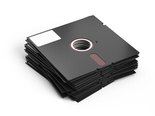 Stack of 5.25 inch floppy disks isolated on white background. Stack of floppy diskette. 3d rendering