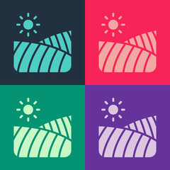 Pop art Agriculture wheat field farm rural nature scene landscape icon isolated on color background. Vector