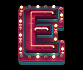 Lamp and neon font. Red and blue metal. Letter E. 