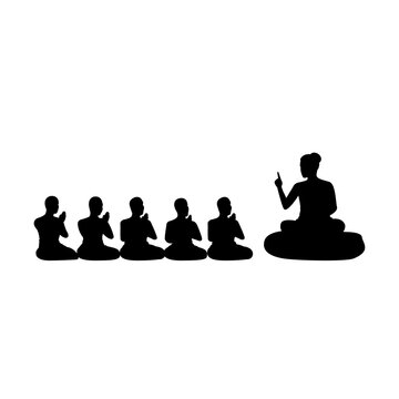 black silhouette design with isolated white background of lord of buddha teaching five ascetics