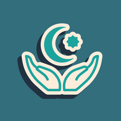 Green Star and crescent - symbol of Islam icon isolated on green background. Religion symbol. Long shadow style. Vector