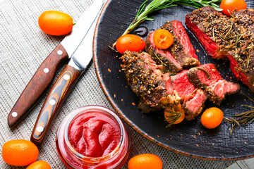 Juicy beef steak with kumquat