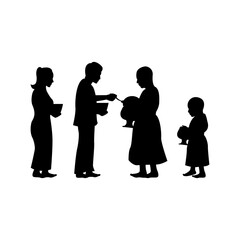 black silhouette design with isolated white background of couple give food to group of monks