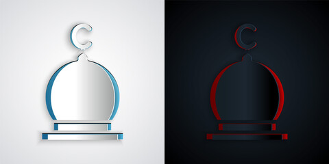 Paper cut Muslim Mosque icon isolated on grey and black background. Paper art style. Vector