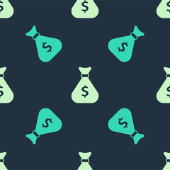 Green and beige Money bag icon isolated seamless pattern on blue background. Dollar or USD symbol. Cash Banking currency sign. Vector