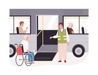 Disabled passenger in wheelchair getting on bus with help of ramp. People in wheel chair in friendly city environment. Flat vector illustration of handicapped person isolated on white background