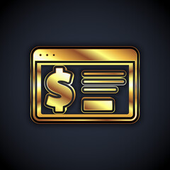 Gold Online banking with dollar icon isolated on black background. Sending money around the world, money transfer, financial transaction. Vector