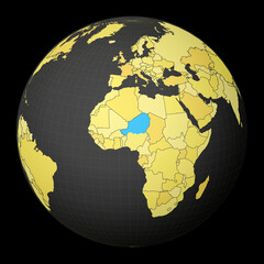 Niger on dark globe with yellow world map. Country highlighted with blue color. Satellite world projection centered to Niger. Artistic vector illustration.
