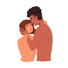 Multiracial naked love couple hugging. Young man and woman in romantic sexual relationships. Intimacy between people. Colored flat graphic vector illustration of lovers isolated on white background