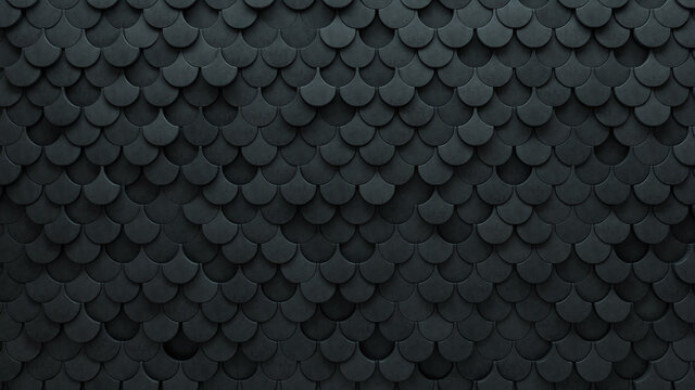 Futuristic Tiles arranged to create a Semigloss wall. Fish Scale, Concrete Background formed from 3D blocks. 3D Render