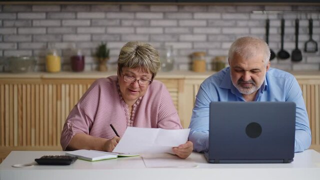 Elderly Man And Woman Are Filling Report In Laptop At Home, Female Accountant Is Counting And Giving Data To Colleague