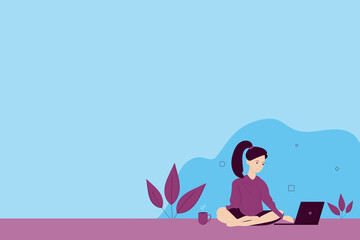 Young woman sitting with legs crossed working at the laptop, freelance concept. Web banner