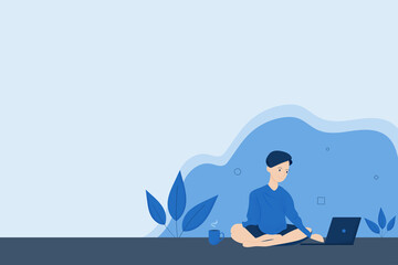 Young man sitting with legs crossed working at the laptop, freelance concept. Web banner