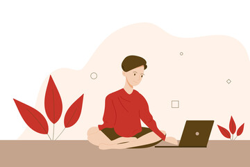 Young man sitting with legs crossed working at the laptop, freelance concept. Web banner