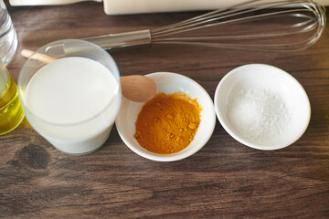 Top view of tool and ingredients for making cake 