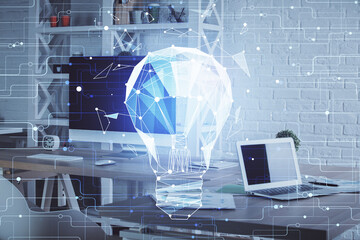 Double exposure of bulb and office interior background. Concept of idea.