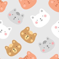 cats with cute kitty paw seamless pattern, doodle cat animals background, kitten vector illustration