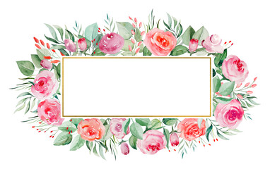 Watercolor pink and red roses flowers and leaves frame illustration