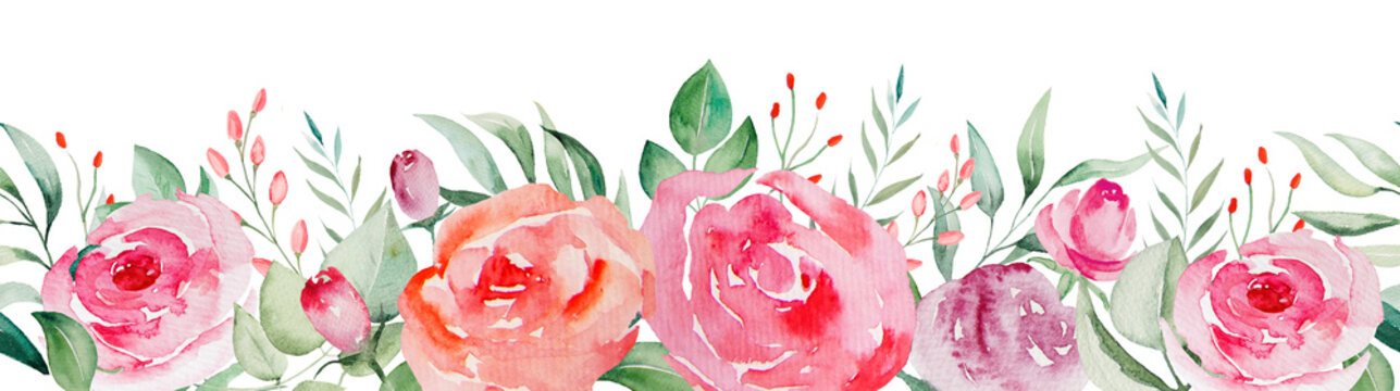 Watercolor pink and red roses flowers and leaves seamless border illustration