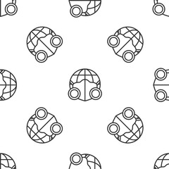 Grey line Earth globe with medical mask icon isolated seamless pattern on white background. Vector.