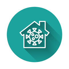 White line Stay home icon isolated with long shadow. Corona virus 2019-nCoV. Green circle button. Vector.