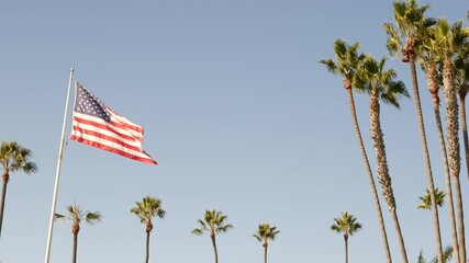 Palms and american flag, Los Angeles, California USA. Summertime aesthetic of Santa Monica Venice Beach. Star-Spangled Banner, Stars and Stripes. Atmosphere of patriotism in Hollywood. LA vibes. - Powered by Adobe