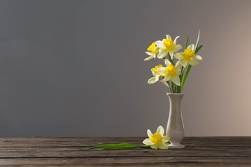 yellow narcissus  in vase on wooden table on dark background