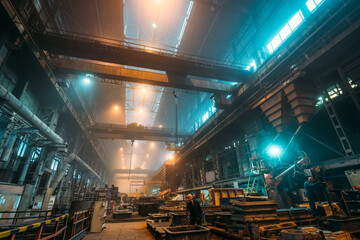 Interior of Metallurgical Plant Workshop for iron casting and processing of metal products, Foundry...