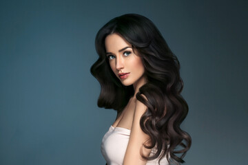 Naklejka premium Beautiful woman with long hair, shine and curly, beauty girl female over darl gray background