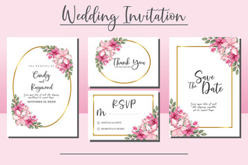 Wedding invitation frame set, floral watercolor hand drawn Pink Lily Flower design Invitation Card Template