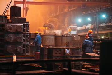 Workers in workshop with metal casting molds at metallurgical steel plant, heavy industry...