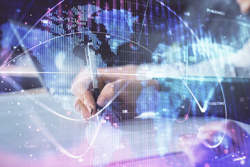 Double exposure of business theme drawing over people taking notes background. Concept of financial world