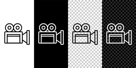Set line Cinema camera icon isolated on black and white background. Video camera. Movie sign. Film projector. Vector