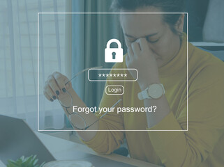 Abstract background design an Overworked Asian businesswoman suffering from headache and thinking sitting tired in front of laptop because Forgot password to get access into her personal laptop.