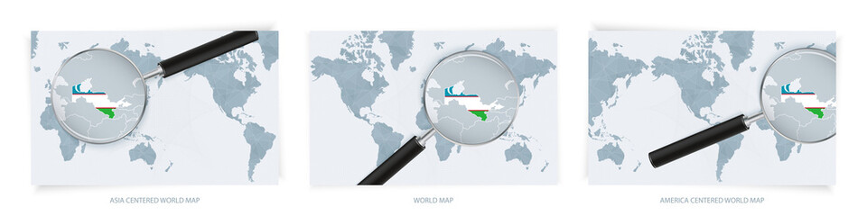 Blue Abstract World Maps with magnifying glass on map of Uzbekistan with the national flag of Uzbekistan. Three version of World Map.