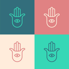 Obraz premium Pop art line Hamsa hand icon isolated on color background. Hand of Fatima - amulet, symbol of protection from devil eye. Vector