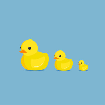 Yellow rubber duck. Cartoon cute ducky for bath. Flat vector illustration on blue background