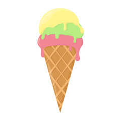 colorful ice cream balls in a waffle cup on a white background