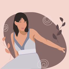 The girl is depicted on an abstract background with plants, boho style. Vector illustration, fashion.