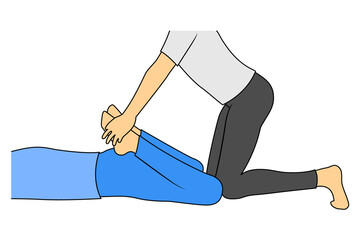 Massage. Yumeiho therapy. Instructions for performing massage techniques, stretching the leg muscles. Simple vector illustration for physical therapy guidelines, websites and prints.