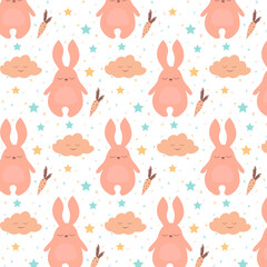 Seamless pattern with cute sleeping rabbit, carrot, clouds and stars. Creative vector - kids texture for textile and oth
