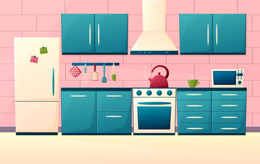 Vector illustration of kitchen interior in cartoon style. Pink kitchen with appliances and kitchen utensils
