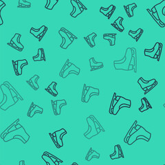 Black line Skates icon isolated seamless pattern on green background. Ice skate shoes icon. Sport boots with blades. Vector
