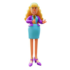 3D Business Woman Cartoon Design Speaking on a Microphone
