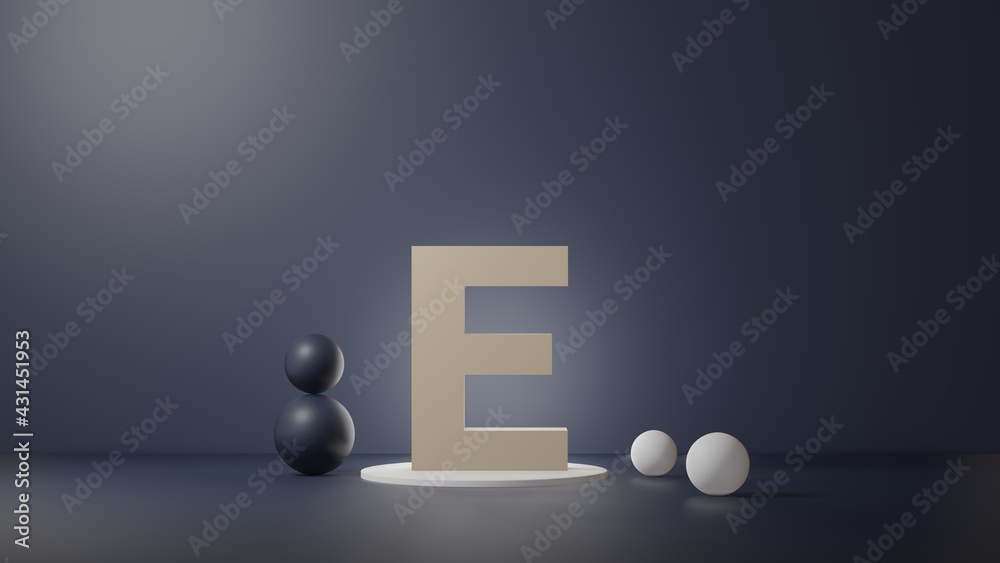 Fototapete e lettering in photo realistic rendering. 3d illustration alphabet with copy space. decoration eleme