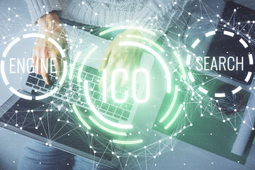 Double exposure of woman hands working on computer and blockchain theme hologram drawing. Top View. bitcoin cryptocurrency concept.
